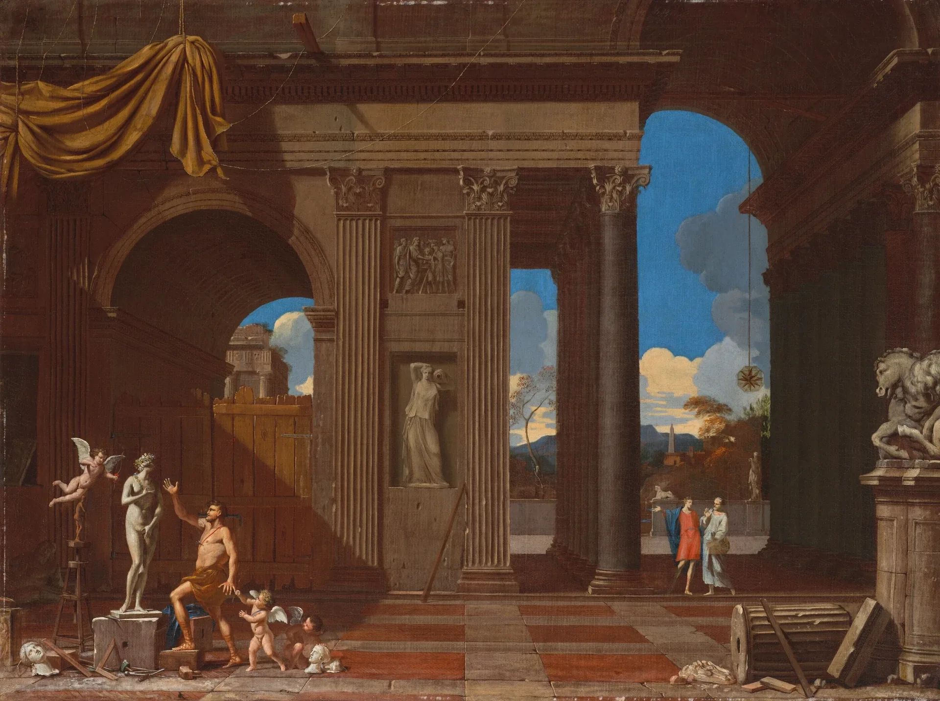 Sous des arcades antiques, Pygmalion, à genoux, contemple sa statue de Galatée qui s'anime sur son socle ; des putti l'entourent, des fragments de sculpture jonchent le dallage.