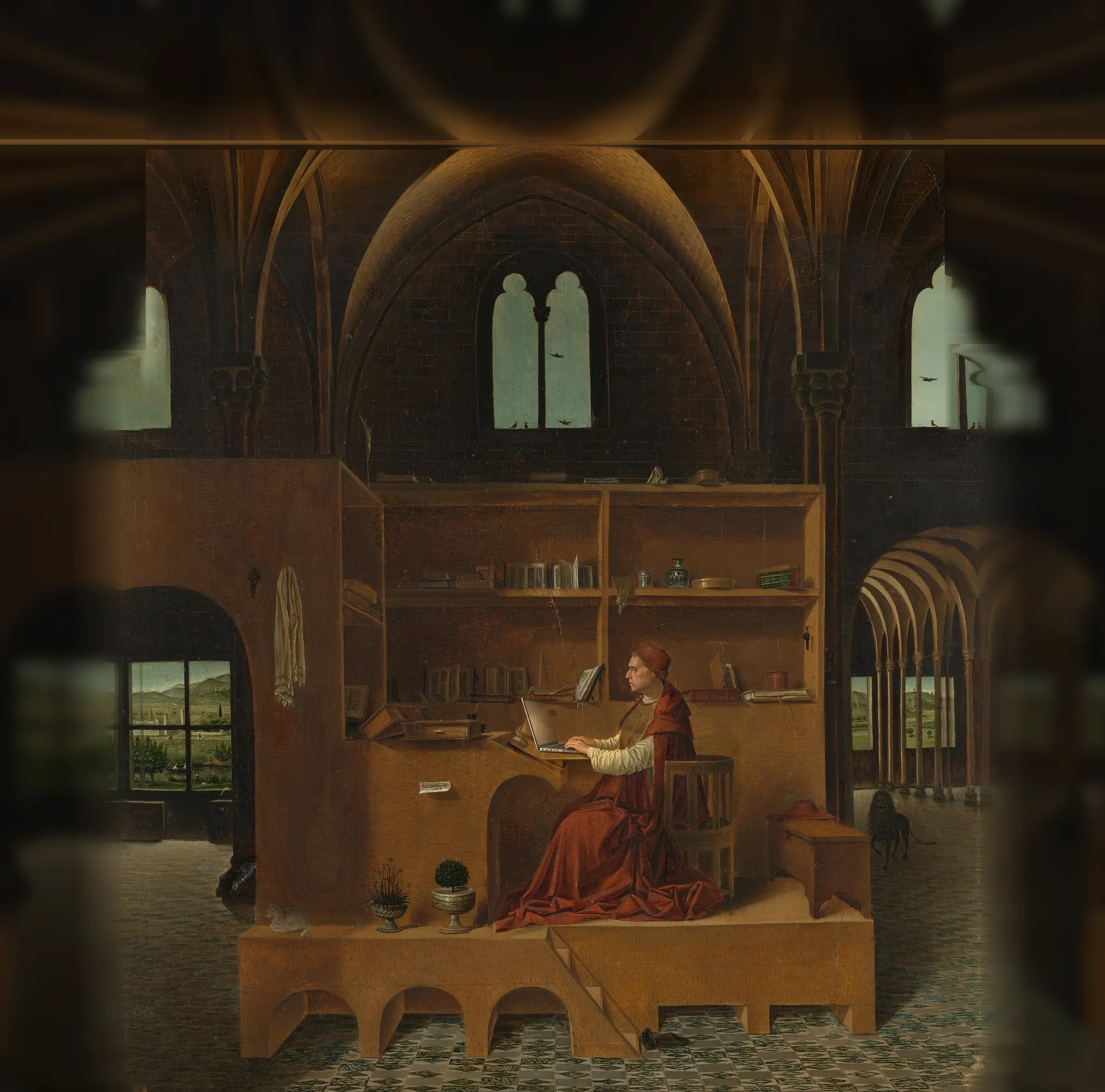 Saint Jérôme lit dans un cabinet de bois dressé sous des voûtes gothiques, vu à travers un grand arc de pierre.