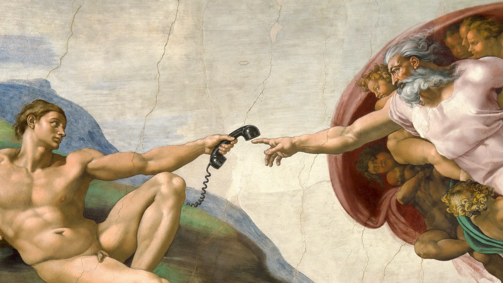 La Création d'Adam de Michel-Ange : Adam tend un combiné de téléphone vers le doigt de Dieu.