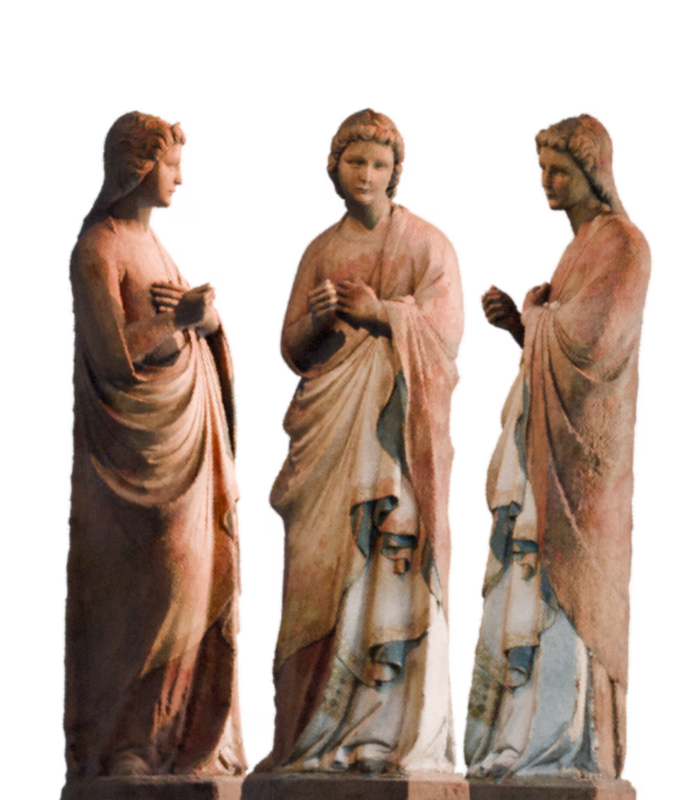 Ange de l'Annonciation de Nino Pisano, modèle numérisé présenté de profil, de face et de l'autre profil.