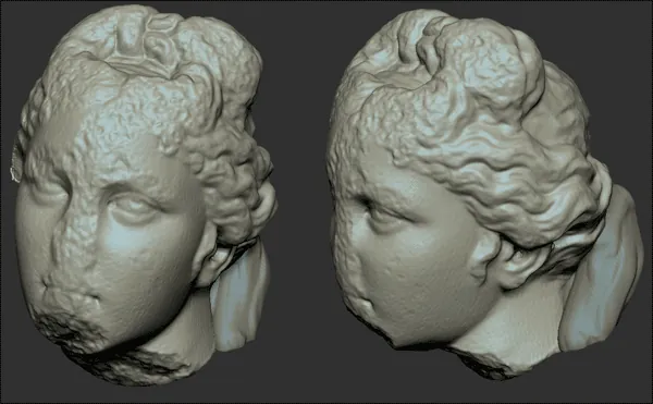 Modèle 3D numérisé d'une tête de Vénus sculptée, présenté sous deux angles.